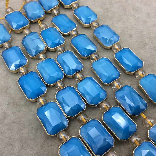 13mm x 18mm Gold Electroplated Glossy Finish Faceted Opaque Medium Blue Crystal Rectangle Beads - Sold by 7" Strands (8 Beads) -