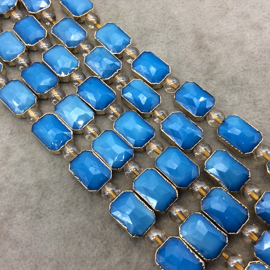 10mm x 14mm Gold Electroplated Glossy Finish Faceted Opaque Medium Blue Crystal Rectangle Beads - Sold by 7" Strands (10 Beads) -