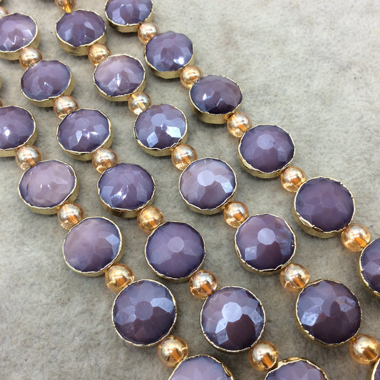 14mm x 14mm Gold Electroplated Glossy Finish Faceted Opaque Orchid Purple Crystal Round/Coin Beads - Sold by 7" Strands (10 Beads) -