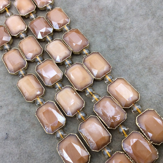 13mm x 18mm Gold Electroplated Glossy Finish Faceted Opaque Pale Peach Crystal Rectangle Beads - Sold by 7" Strands (8 Beads) -