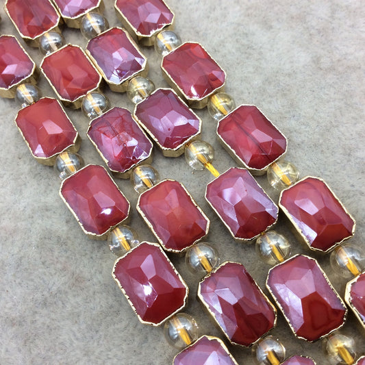 10mm x 14mm Gold Electroplated Glossy Finish Faceted Opaque Deep Red Crystal Rectangle Beads - Sold by 7" Strands (10 Beads) -