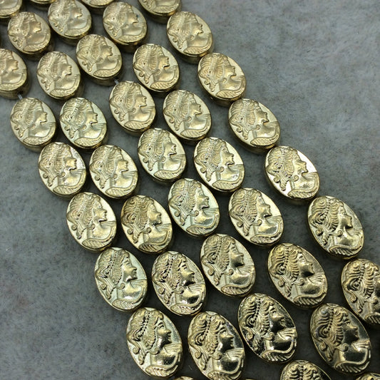 Gold Finish Cameo Pattern Flat Oval Shaped Plated Pewter Beads - 7-8" Strand (Approx 15 Beads) - Measuring 10mm x 13mm - 1mm Hole Size