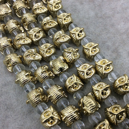 Owl Head Shaped Gold Finish Pewter Beads - 7-8" Strand (Approximately 15 Beads) - Measuring 9x9mm Approximately - 4mm Hole Size
