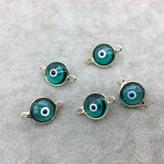 Gold Plated Smooth Transparent Green Evil Eye Glass Round/Coin Shaped Bezel Connector - Measuring 10mm x 10mm - Sold Individually