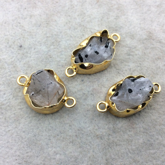 Gold Finish Medium Raw Nugget Genuine Rutilated Quartz Wavy Bezel Connector - ~ 13mm - 17mm Long - Sold Individually, Selected Randomly