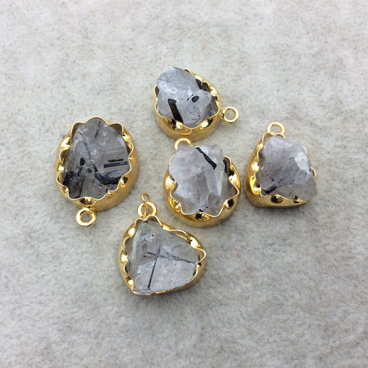 Gold Finish Large Raw Nugget Genuine Rutilated Quartz Wavy Bezel Pendant - ~ 16mm - 20mm Long - Sold Individually, Selected Randomly