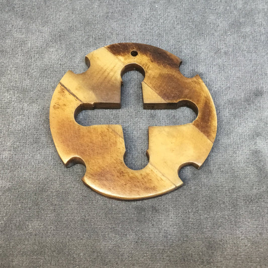 2.25" Brown Flat Open Center Cross/Shield Shaped Natural Ox Bone Focal Pendant - Measuring 58mm x 58mm, Approx.