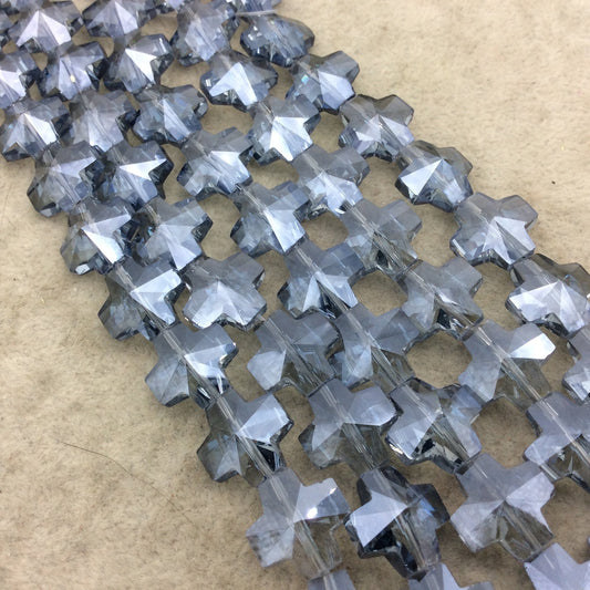 13mm x 13mm Glossy Faceted Transparent/Metallic Light Blue Crystal Glass Cross Shaped Beads - Sold By 12" Strands (~ 22 Beads)