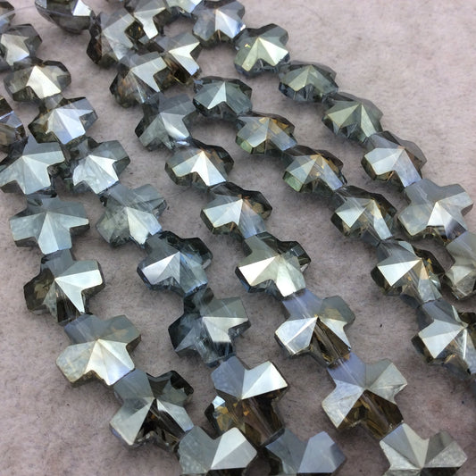 13mm x 13mm Glossy Faceted Transparent/Metallic Silver/Gray Crystal Glass Cross Shaped Beads - Sold By 12" Strands (~ 22 Beads)