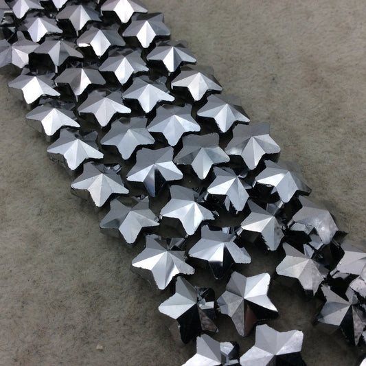 13mm x 13mm Glossy Faceted Transparent/Metallic Gray/Black Crystal Glass Star Shaped Beads - Sold By 12" Strands (~ 26 Beads)