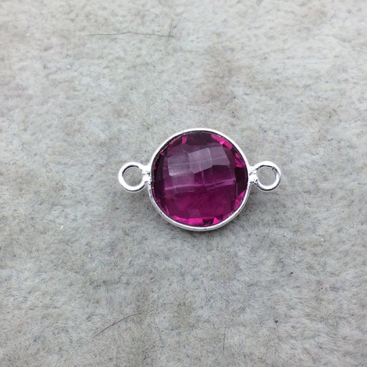Sterling Silver Faceted Magenta (Lab Created) Quartz Round Shaped Bezel Connector - Measuring 12mm x 12mm - Sold Individually