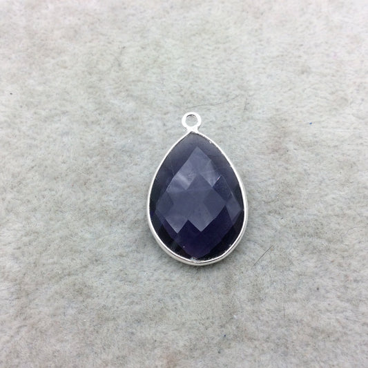 Sterling Silver Faceted Amethyst (Lab Created) Quartz Teardrop Shaped Bezel Pendant - Measuring 18mm x 25mm - Sold Individually