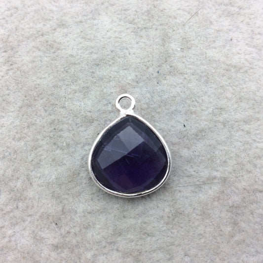 Sterling Silver Faceted Amethyst (Lab Created) Quartz Heart/Teardrop Shaped Bezel Pendant - Measuring 15mm x 15mm - Sold Individually