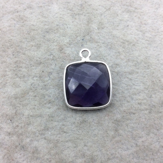 Sterling Silver Faceted Amethyst (Lab Created) Quartz Square Shaped Bezel Pendant - Measuring 15mm x 15mm - Sold Individually