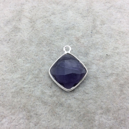 Sterling Silver Faceted Amethyst (Lab Created) Quartz Diamond Shaped Bezel Pendant - Measuring 15mm x 15mm - Sold Individually
