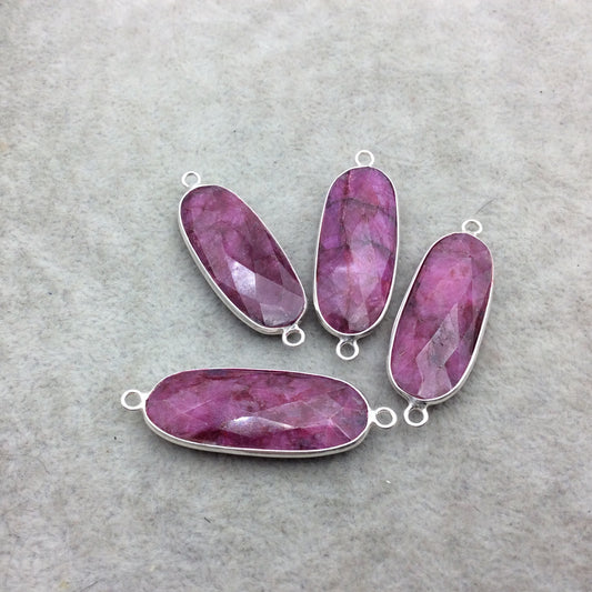 Sterling Silver Faceted Long Oval Shape Corundum/Ruby Bezel 2 Ring Pendant/Connector Component - ~ 12mm x 35mm - Natural Gemstone