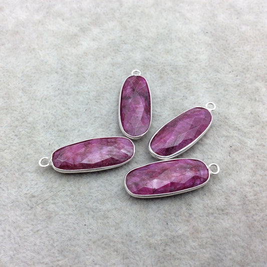 Sterling Silver Faceted Long Oval Shape Corundum/Ruby Bezel Pendant Component - ~ 10mm x 25mm - Natural Semi-Precious Gemstone