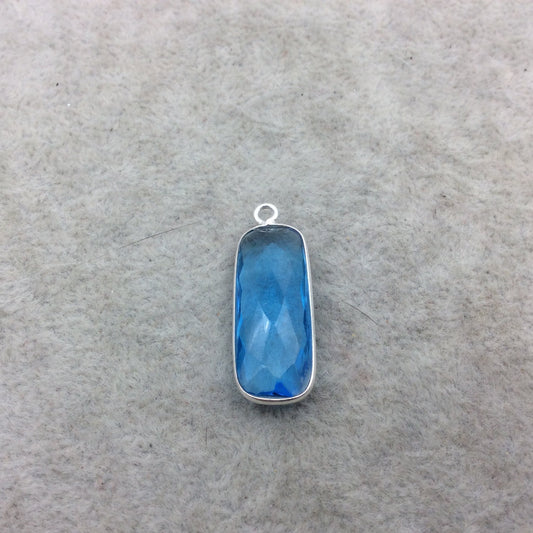 Sterling Silver Faceted Long Rectangle Shape Ocean Blue Hydro (Lab Created) Quartz Bezel Pendant Component ~ 10mm x 25mm - Natural Gemstone