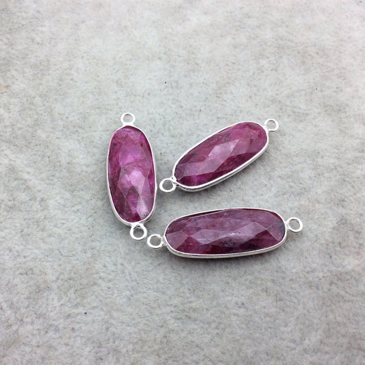 Sterling Silver Faceted Long Oval Shape Corundum/Ruby Bezel 2 Ring Pendant/Connector Component - ~ 10mm x 25mm - Natural Gemstone