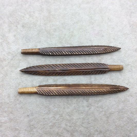 4" Detailed Dark Brown Carved Feather Shape Natural Ox Bone Component W .8mm PARTIALLY End Drilled 1/4" Hole ~ 12mm x 100-110mm Approx.