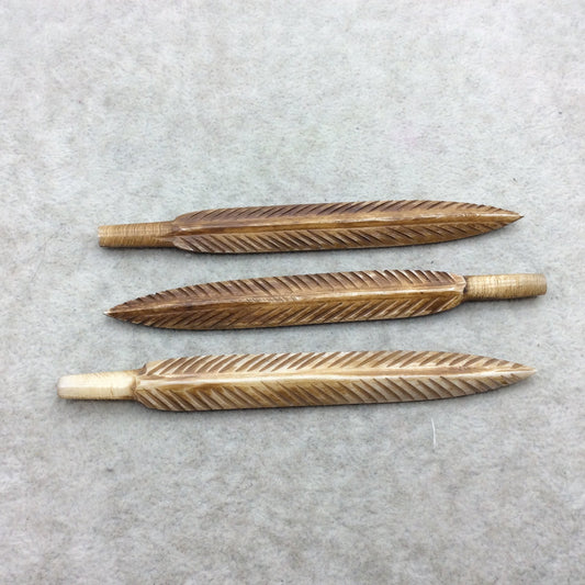 4" Detailed Light Brown Carved Feather Shape Natural Ox Bone Component W .8mm PARTIALLY End Drilled 1/4" Hole ~ 12mm x 100-110mm Approx.