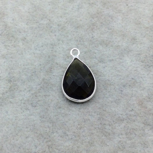 Sterling Silver Faceted Dark Olive (Lab Created) Quartz Teardrop Shaped Bezel Pendant - Measuring 12mm x 16mm - Sold Individually