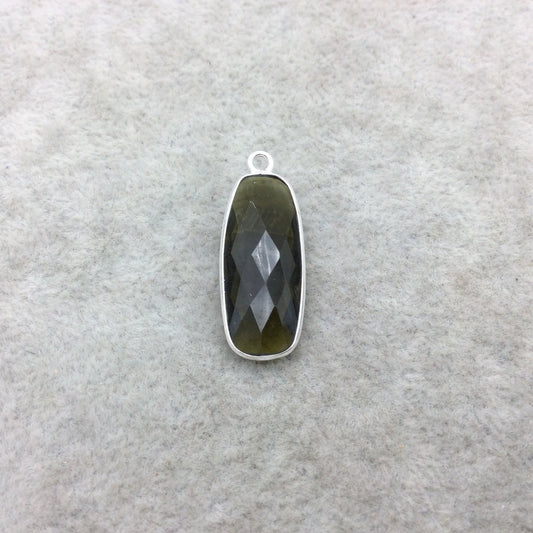 Sterling Silver Faceted Dark Olive (Lab Created) Quartz Round Rectangle Shaped Bezel Pendant - Measuring 10mm x 25mm - Sold Individually