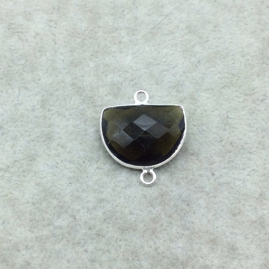 Sterling Silver Faceted Dark Olive (Lab Created) Quartz Half Moon Shaped Bezel 2 Ring Connector - Measuring 16mm x 20mm - Sold Individually