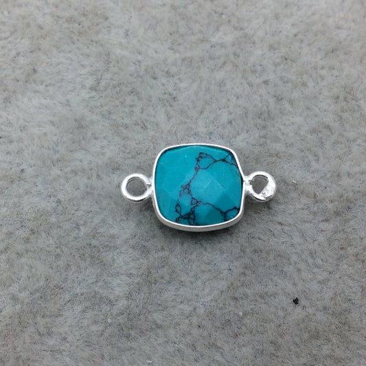 Sterling Silver Faceted Dyed Veined Turquoise Howlite Square Shaped Bezel Connector - Measuring 10mm x 10mm - Sold Individually