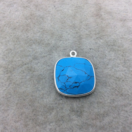 Sterling Silver Faceted Flat Back Dyed Veined Blue Howlite Square Shaped Bezel Pendant - Measuring 18mm x 18mm - Sold Individually