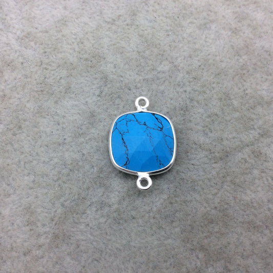 Sterling Silver Faceted Flat Back Dyed Veined Blue Howlite Square Shaped Bezel Connector - Measuring 15mm x 15mm - Sold Individually