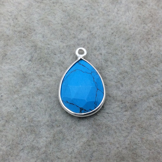 Sterling Silver Faceted Flat Back Dyed Veined Blue Howlite Teardrop Shaped Bezel Pendant - Measuring 12mm x 18mm - Sold Individually