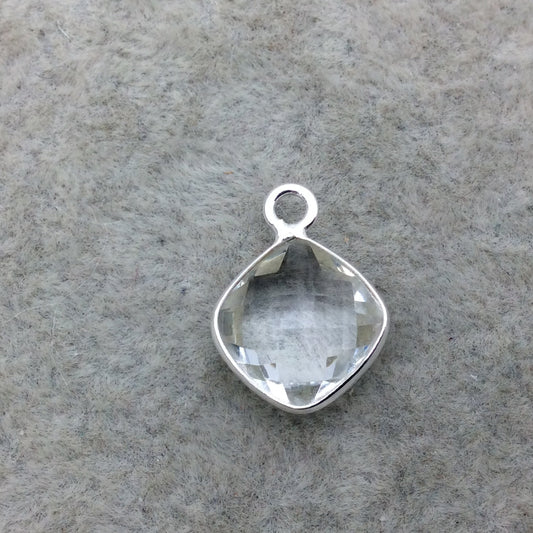 Sterling Silver Faceted Clear (Lab Created) Quartz Diamond Shaped Bezel Pendant - Measuring 10mm x 10mm - Sold Individually