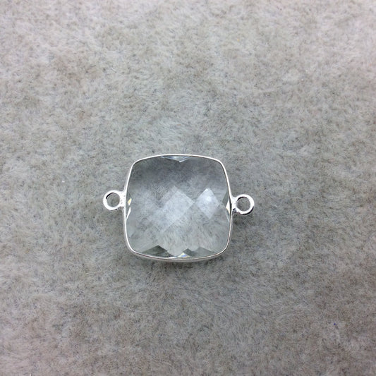 Sterling Silver Faceted Clear (Lab Created) Quartz Square Shaped Bezel Connector - Measuring 18mm x 18mm - Sold Individually