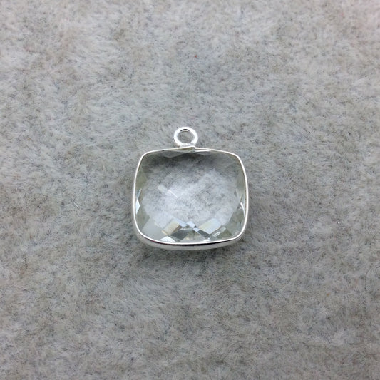 Sterling Silver Faceted Clear (Lab Created) Quartz Square Shaped Bezel Pendant - Measuring 15mm x 15mm - Sold Individually