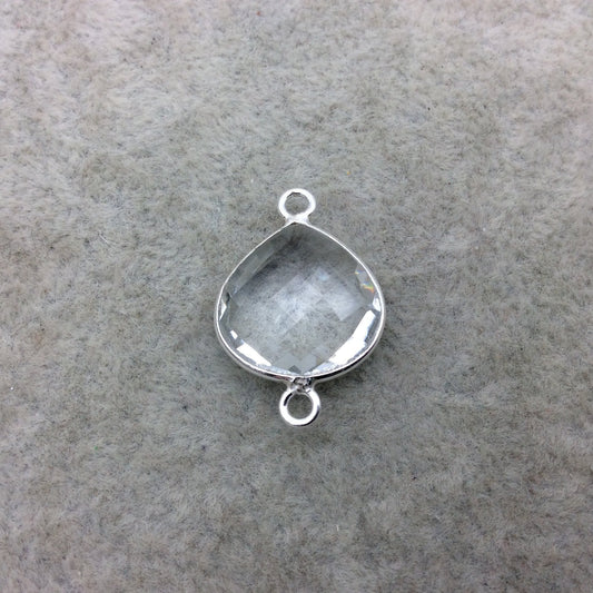 Sterling Silver Faceted Clear (Lab Created) Quartz Heart Shaped Bezel Connector - Measuring 15mm x 15mm - Sold Individually