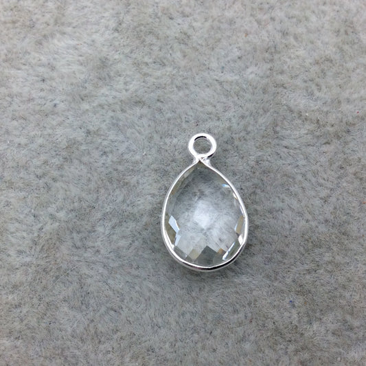 Sterling Silver Faceted Clear (Lab Created) Quartz Teardrop Shaped Bezel Pendant - Measuring 10mm x 13mm - Sold Individually