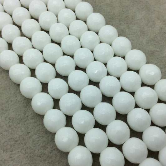 10mm Faceted Opaque White Agate Round/Ball Shaped Beads - 15" Strand (Approximately 38 Beads) - Natural Semi-Precious Gemstone