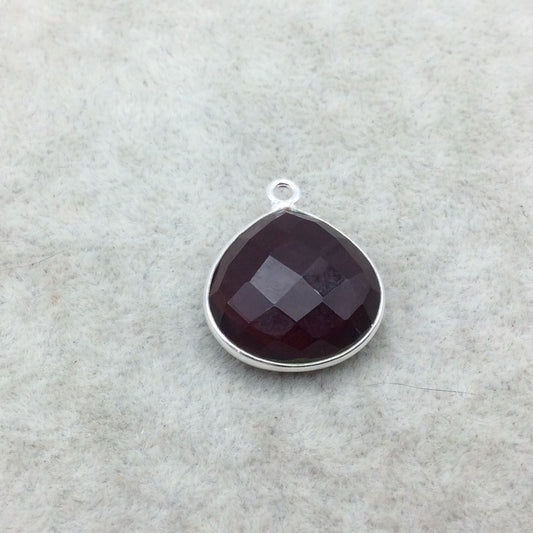 Sterling Silver Faceted Deepest Red (Lab Created) Quartz Heart Shaped Bezel Pendant - Measuring 18mm x 18mm - Sold Individually