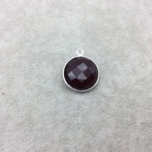 Sterling Silver Faceted Deepest Red (Lab Created) Quartz Round Shaped Bezel Pendant - Measuring 18mm x 18mm - Sold Individually