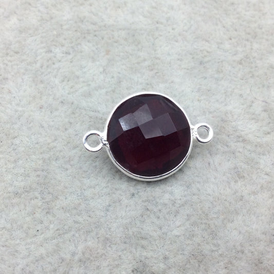 Sterling Silver Faceted Deepest Red (Lab Created) Quartz Round Shaped Bezel Connector - Measuring 15mm x 15mm - Sold Individually