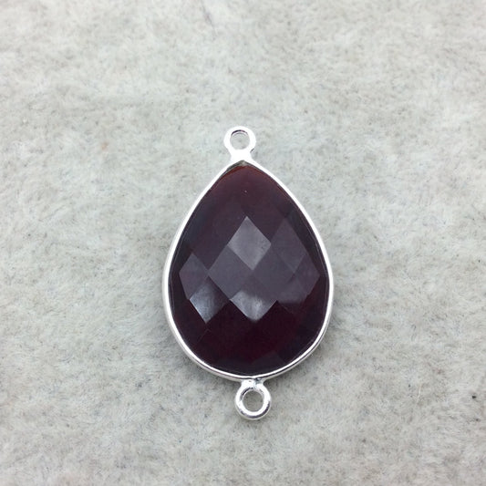 Sterling Silver Faceted Deepest Red (Lab Created) Quartz Teardrop Shaped Bezel Connector - Measuring 18mm x 25mm - Sold Individually