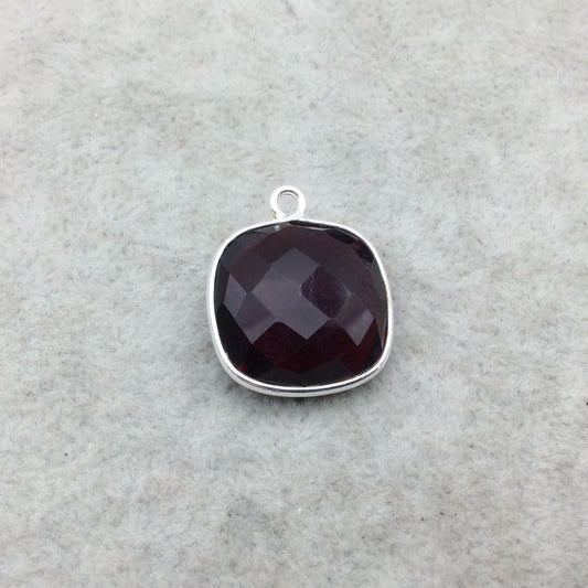 Sterling Silver Faceted Deepest Red (Lab Created) Quartz Square Shaped Bezel Pendant - Measuring 18mm x 18mm - Sold Individually