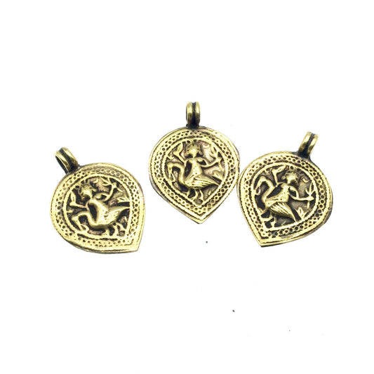 1" Oxidized Gold Plated Rustic Brahma and Peacock Copper Teardrop God/Deity Pendant W Attached Ring - 22mm x 25mm, Approximately