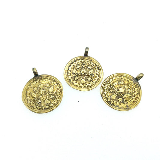 1" Oxidized Gold Plated Rustic Hindu Tree of Life Copper Circle/Coin/Disc Embossed Pendant with Attached Ring - 22mm, Approximately