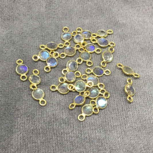 BULK PACK of Six (6) Gold Sterling Silver Pointed/Cut Stone Faceted Round/Coin Shaped Labradorite Bezel Connectors - Measuring 4mm x 4mm