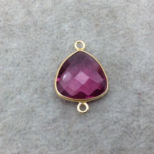 Gold Vermeil Faceted Fuchsia Pink Hydro (Lab Created) Quartz Trillion Shaped Bezel Connector - Measuring 15mm x 15mm - Sold Individually