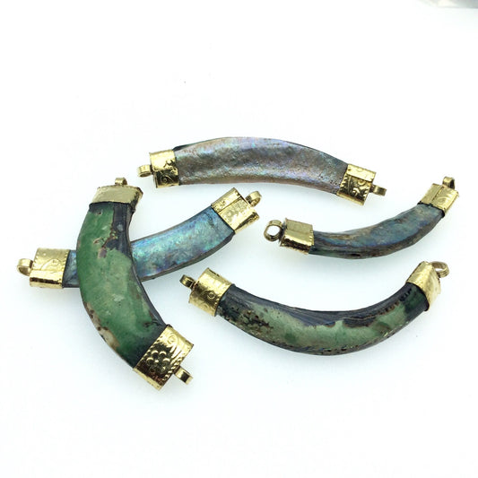 2.5" Iridescent Rainbow Curved Tusk/Claw Shaped Abalone Shell Pendant with Gold Floral Bails - Measuring 15mm x 70mm, Approx.