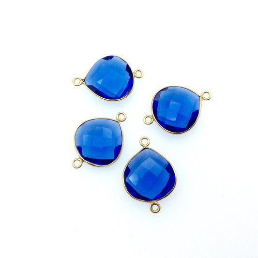Cobalt Blue Hydro Bezel | Gold Plated Faceted (Lab Created) Transparent Heart Teardrop Shaped Bezel Connector - Measuring 19mm x 19mm