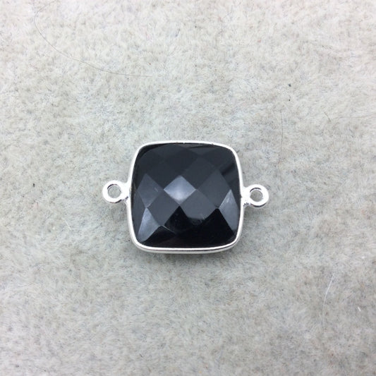 Sterling Silver Faceted Square Shaped Jet Black Hydro (Man-made) Onyx Bezel Connector - Measuring 15mm x 15mm - Sold Individually